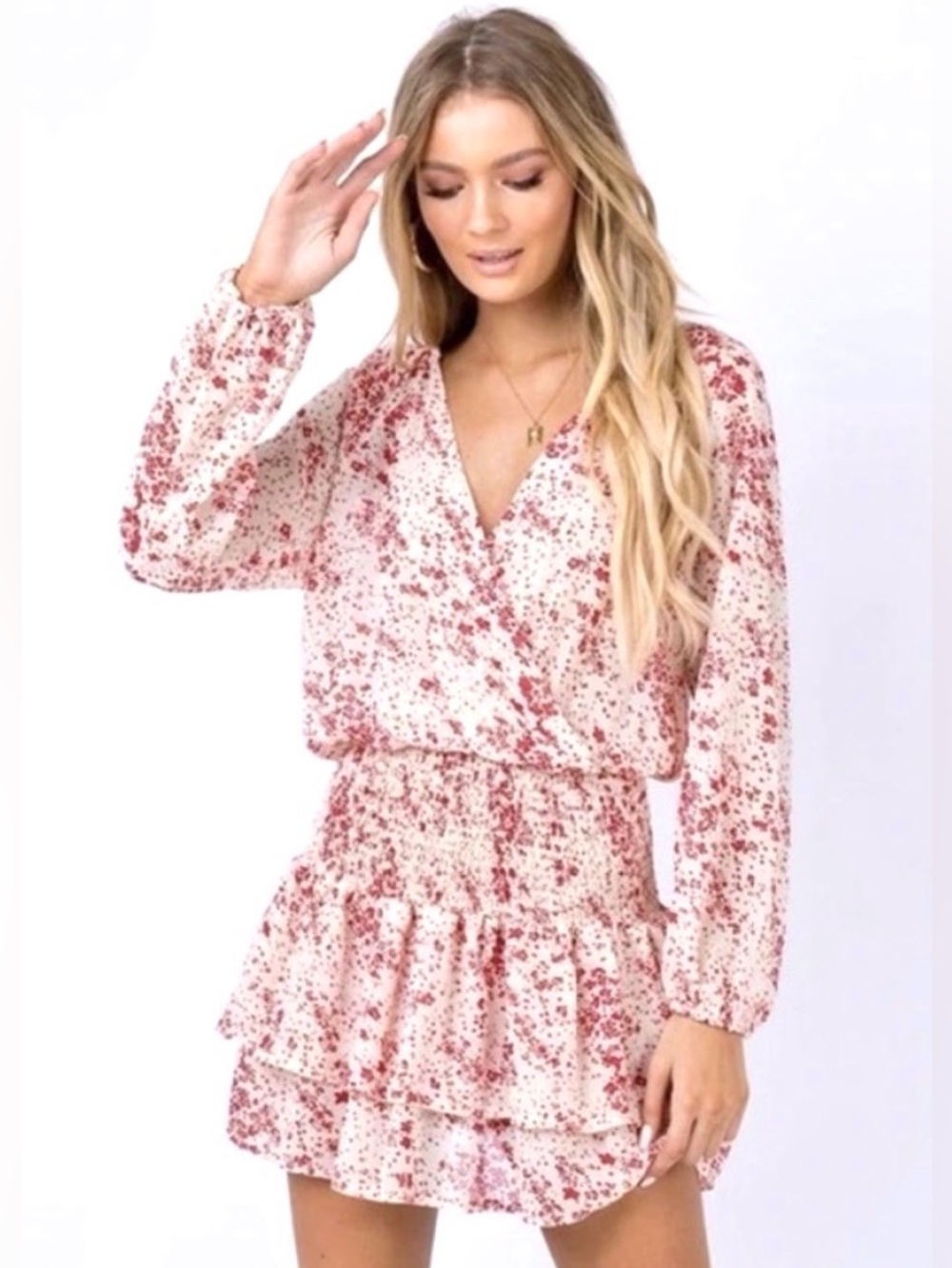 Smocked Waist Pink Red Floral Mini Dress 
Size 6